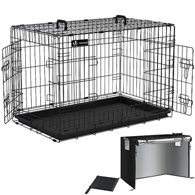 Imagen de VOUNOT Jaula para Perros de Alambre Metálico 2 Puertas, Caja con Cubierta, Perrera Plegable Bandeja Plástico Extraíble y Asa Transporte, 92x58x64cm, Negro