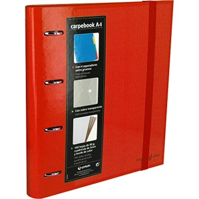 Imagen de Grafoplás 88102051. Carpeta 4 anillas troqueladas A4 con sobre transparente, separadores y 100 hojas, color rojo, de 35mm, cierre goma. Carpebook Multiline