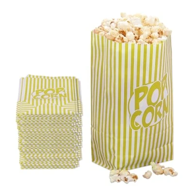Imagen de Relaxdays Bolsas de Palomitas, Set 144, a Rayas, Retro, Cine, Noches Peli, Papel, Bolsitas Snacks, Amarillo/Blanco, 26 x 13 8 cm