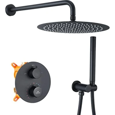 Imagen de HOMELODY Negro Conjunto de ducha Termostática 38℃,Sistema para Baño,Grifos Empotrados Set,Incluyendo fija 12 pulgadas,Ducha Mano,Cuerpo Latón