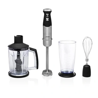 Imagen de Princess 221221 Set de batidora mano XL con control velocidad, 1000 W, incluye taza medir XL, picador y batidor, acero Inoxidable, acabado goma, negro
