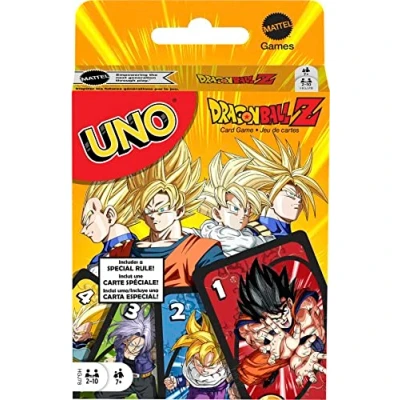 Imagen de Mattel Games Juego de Cartas Nocturno Familiar UNO Dragon Ball Z gráficos temáticos programas televisión y Reglas Especiales para 2 10 Jugadores