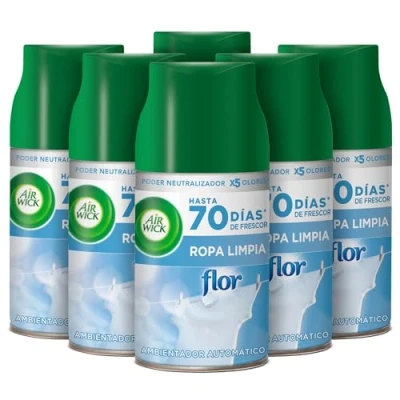 Imagen de Air Wick Freshmatic Recambios de ambientador spray automático, Esencia para casa con aroma a Flor Ropa Limpia, Azul, 250 ml (Paquete 6)