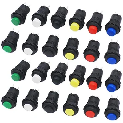 Imagen de GTIWUNG 24 Pcs Interruptor de Botón, 12mm Pulsador botón ON/OFF, Bloqueo, 6 Colores, Negro/Blanco/Rojo/Verde/Amarillo/Azul(3A 125V AC/1.5A 250V AC)