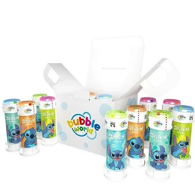 Imagen de Bubble World Stitch Party Pack 12 Botellas de Burbujas 60ml Tubos Monocolor y soplador Integrado Fiestas cumpleaños para tu Hijo Sus Amigos Made in Italy