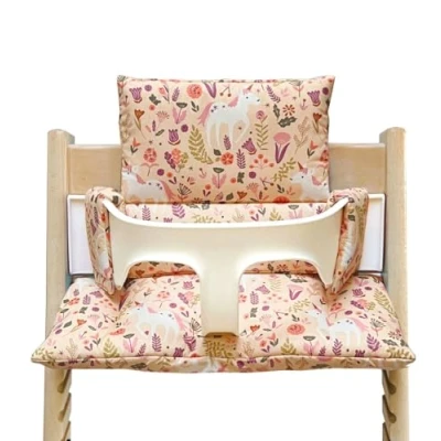 Imagen de Blausberg Juego de cojines asiento para bebé, lavable, compatible con trona Tripp Trapp Stokke, unicornio, caballo, rosa melocotón, materiales certificado Öko Tex