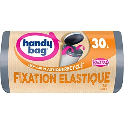 Imagen de HANDY BAG Rollos de 15 bolsas basura 30 L, ultra resistente, 80% plástico reciclado, cierre con asas deslizantes fijación elástica, triple grosor, antifugas, 53 x 63 cm