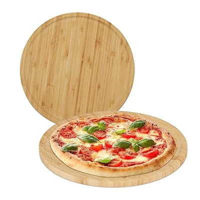 Imagen de Relaxdays Bambus Pizzateller im 2er Set Pack 2 Tablas Pizza, Bambú Natural, Ø 32 cm, Platos Redondos Servir y Cortar, Tableros Madera Quesos, Centimeters cm