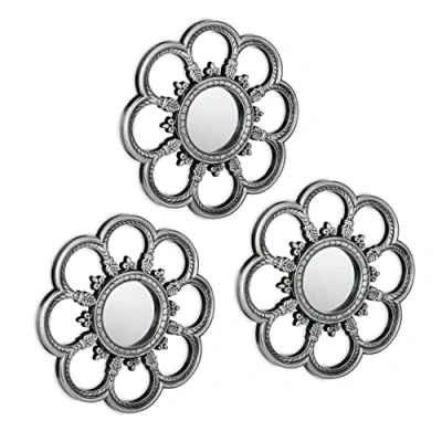 Imagen de Relaxdays Espejos Pared Set 3 Diseño Floral, Redondos, Decorativos, Salón, Pasillo, 26 cm c/u, Marcos Plástico, Plateado, x 2 Aprox
