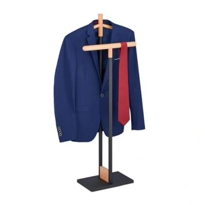 Imagen de Relaxdays Sirviente Independiente Galán de Noche Acero y Madera Haya para Chaqueta Pantalón, 112x47x20 cm, Mozo Perchero, Negro/Natural