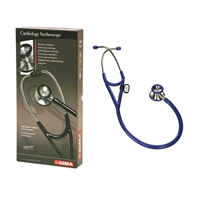 Imagen de Gima Estetoscopio clásico de cardiología con cabezal acero inoxidable, campana en forma cono para bajas frecuencias, membrana alta sensibilidad amplificar sonidos, Lira Blu, 32550