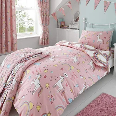 Imagen de Set de Fundas Infantiles para edredón Reversible Unicornios y arcoíris Rosa Doble