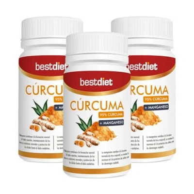 Imagen de Best Diet Cápsulas de Cúrcuma Complemento alimenticio formulado a base y Manganeso. Pack 3 botes con 30 cápsulas.