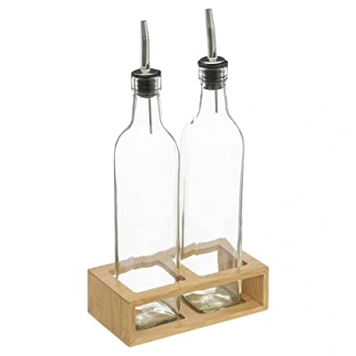 Imagen de TIENDA EURASIA Juego de Aceitera y Vinagrera con Soporte Bambú, Botes Cristal Tapa Antigoteo, Capacidad 0,48L, Medida 16,6 x 9,2 32 cm