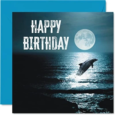 Imagen de Divertidas tarjetas de cumpleaños para hombres y mujeres, diseño delfín luna oceánica, tarjeta feliz mamá, papá, hermano, hermana, hijo, hija, abuela, abuelo,