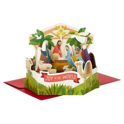 Imagen de Hallmark tarjeta de Navidad, diseño belén, 3D y desplegable, religiosa, verde, rojo