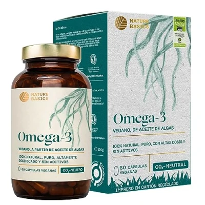 Imagen de Nature Basics® Aceite de Algas Omega 3 vegano 60 cápsulas alta dosificación en un frasco puro sin procesar certificado sostenible y CO2 neutral Por cápsula natural 455mg con 30% DHA &amp; 15% EPA