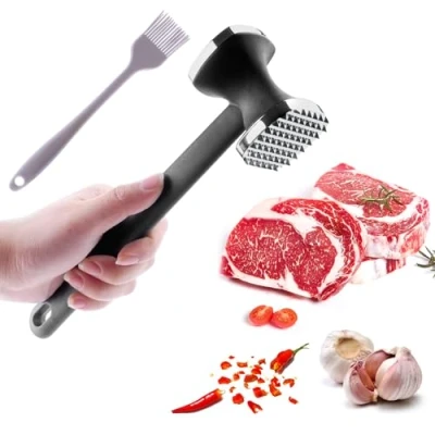 Imagen de PUWOWYE Martillo Carne, Ablandador de Carne Doble Cara, Mazo para Cocina Bistec, Pollo, Pescado, Cerdo, con Pincel Silicona