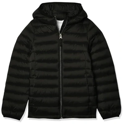 Imagen de Amazon Essentials Chaqueta Acolchada con Capucha, Plegable, Ligera y Resistente al Agua Niña, Negro, 8 años