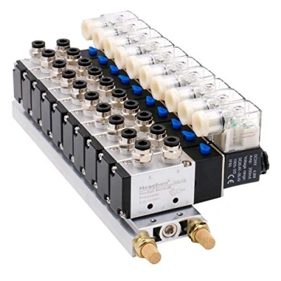 Imagen de Heschen Válvula solenoide de colector 10 espacios, 4V210 08, 24VDC, puerto PT1/4 &#039;&#039;, posición 5 vías 2, con silenciador base conjunto accesorios rápidos