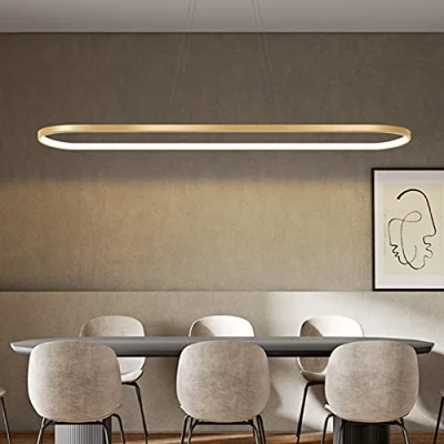 Imagen de Bellastein lámpara colgante ovalada para mesa de comedor, lámparas oficina, luz LED, techo regulable, diseño anillo moderno (L90cm, dorado)
