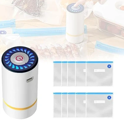 Imagen de Sellador al Vacío de Portátil: Nizirioo Bomba Mano Recargable Portátil, con 10 bolsas reutilizables,Sellado Reutilizables,Mini Envasadora (Blanco)