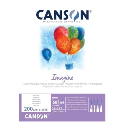Imagen de Canson Imagine, Papel Mixed Media, Grando ligero, 200g, Encolados por el lado corto, A4 21x29,7cm, Blanco natural, 50 Hojas