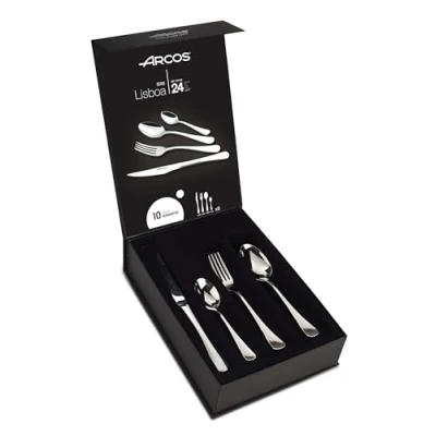 Imagen de Arcos Serie Lisboa Cubertería de 24 piezas en Caja Regalo (6 Cuchillos + 12 Cucharas 6 Tenedores) Monoblock una pieza Acero Inoxidable Color Plata