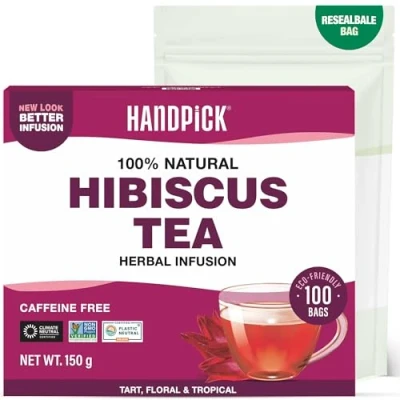 Imagen de HANDPICK Té de Hibisco en Bolsitas 100 Redondas Ecológicas Sin Cafeína Con Flores 100 % Puras No OGM Sellado al Vacío para Frescura