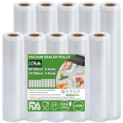 Imagen de Omtofo Bolsas Vacio Alimentos, 10 Rollos 15x300cm 5Rollos + 20x300cm 5Rollos, para Envasar al Conservación, Envasadora Vacio, BPA Free, Sous Vide