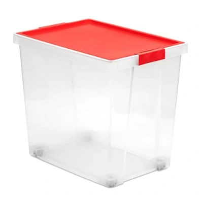 Imagen de Tatay Caja de Almacenamiento con Tapa, Capacidad 60 l, Asas y Ruedas, Tapa Polipropileno Reciclado, Transparente, Libre BPA, Rojo. Medidas 37 x 51 45 cm