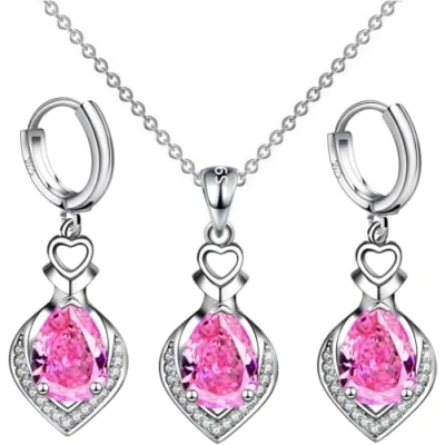 Imagen de FDEETY Juego de Joyas Diamantes Imitación Colgante Collar y Pendientes Boda Fiesta para Mujer Niñas (Rosado)