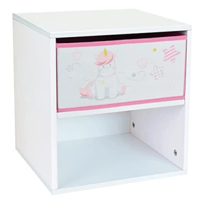 Imagen de Fun House Licorne Chevet/Table de Nuit Avec tiroir 33 x P. 30 cm pour Enfant 713045 Unicornio Mesita Noche con cajón H.36 L. para niños, Madera, Blanco/Rosa, à Partir 2 ANS