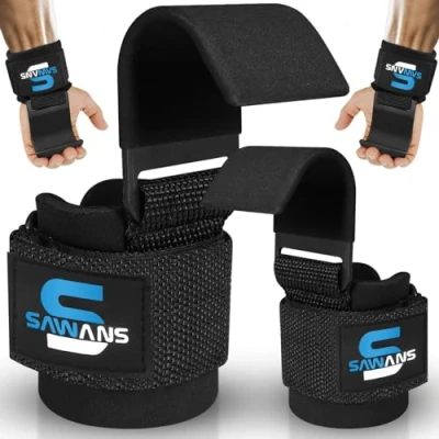 Imagen de SAWANS Soporte de muñeca Ganchos levantamiento pesas Entrenamiento Gimnasio Bar Guantes acolchado grueso, neopreno, con revestimiento correas goma Power Wrist Straps (Negro)