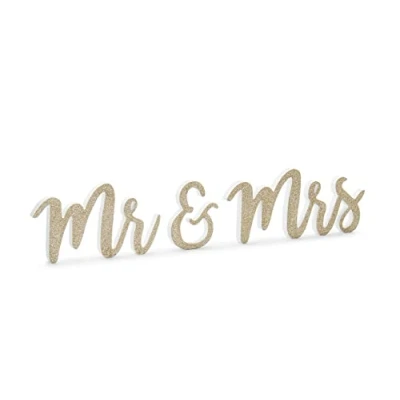 Imagen de Carteles de madera con purpurina dorada texto en inglés «Mr Mrs» para mesa boda, decoración rústica