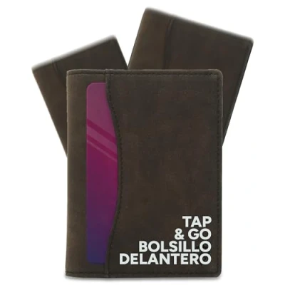 Imagen de AKIELO Cartera de Hombre Plegable con Bloqueo RFID, Lengüeta Extractora y Caja Regalo Elegante para Tarjetero “Tap N Go (Oscar Edición Moca Oscura)