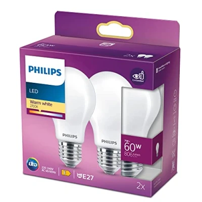 Imagen de Philips Bombilla LED Cristal, 60W,E27, Estándar, Mate, Luz Blanca Cálida, No Regulable, Pack de 2 Unidades