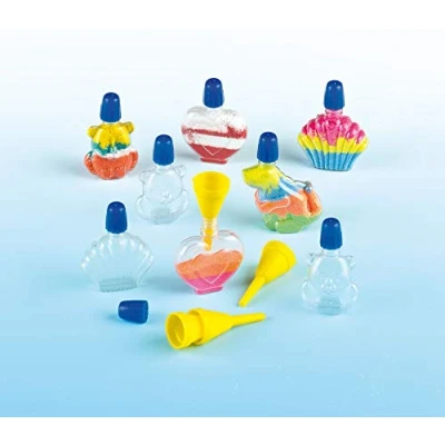 Imagen de Botellas pequeñas de plástico en 4 diseños diferentes para decorar con arena tapas a rosca colores, incluye 2 embudos por pack proyectos manualidades infantiles (pack 8).