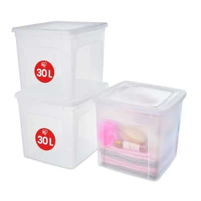 Imagen de Iris Ohyama 3 Cajas de Almacenaje Plástico Versátiles con Tapa, 30L, Transparente, Cierre fácil, Apilable, para Armario, Estante, Aula, Organizadora, Ropa, Zapatos, Libre BPA, MCB 30