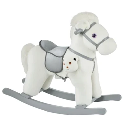 Imagen de HOMCOM Caballito Balancín con Felpa Osito de Peluche para Niños 18 36 Meses Caballo Mecedora Sonidos Relincho y Galope Base Madera Asiento 35 cm Carga 30 kg 65x26x55 cm Blanco