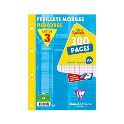 Imagen de Clairefontaine, 175511AMZC Lote de 3 packs hojas sueltas perforadas, A4 (21 x 29,7 cm), 300 páginas cuadrados grandes Papel Blanco 90 gr,
