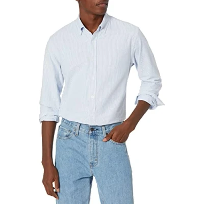 Imagen de Amazon Essentials Camisa Oxford de Manga Larga y Corte Regular Hombre, Azul Rayas, XS
