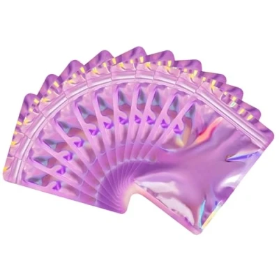 Imagen de Rimiko 50 Piezas de Bolsas Aluminio Resellables, Mylar, Bolsa Zip Hermética para Embalaje Muestras, Venta al por Menor y Almacenamiento Alimentos (Rosa Holográfico, 9 x 12 cm)