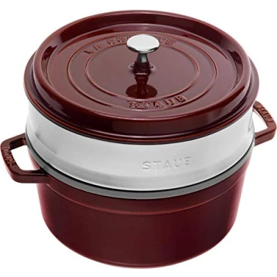 Imagen de STAUB Cacerola/Cocotte con Vaporera de Hierro Fundido, Diámetro 26 cm, 5,2 L, Esmaltado Interior Negro, Granadina