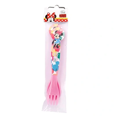 Imagen de Set de 2 cubiertos infantiles reutilizables plástico compuesto tenedor y cuchara Minnie Mouse