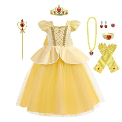 Imagen de Lito Angels Vestido Disfraz Princesa Belle la Bella y Bestia Fiesta Cumpleaños Carnaval con Accesorios para Niñas Talla 7 8 Años, Amarillo (Número de etiqueta 140)
