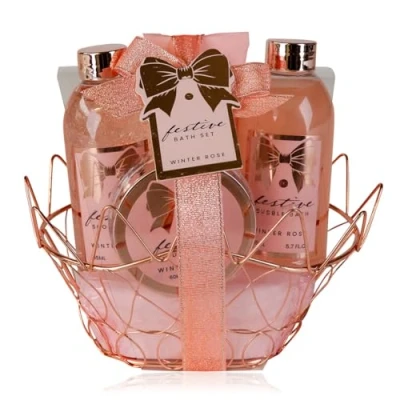 Imagen de Accentra set de ducha para mujer, regalo festivo en bonita cesta alambre rosa, juego cuidado 4 piezas con gel ducha, loción corporal, baño espuma y exfoliante