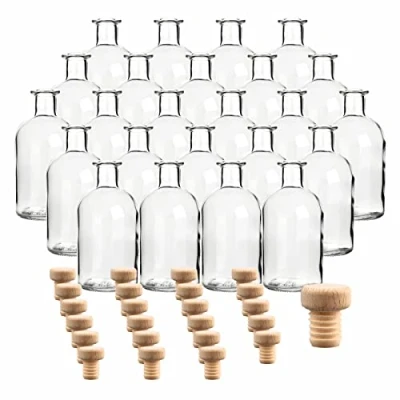 Imagen de gouveo Juego de 24 botellas cristal 250 ml farmacéutico con corcho botella redonda para rellenar vacía licor, aceite, vinagre (AFRT250HGK)
