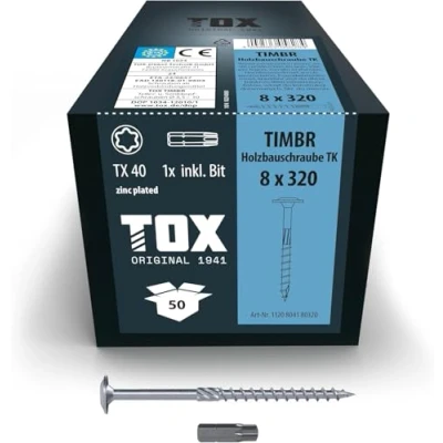 Imagen de TOX Tornillos para construcción en madera TIMBR TK 8,0 x 320 mm, galvanizados azul con cabeza de disco, TX40, 50 unidades por caja, incl. 1x broca, 1120804180320