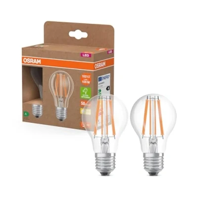 Imagen de OSRAM LED Superstar Classic A 100 en forma de bombilla clásica, cuerpo vidrio transparente, 7,2 W, 1521 lm, casquillo E27, luz blanca cálida con 2700 K, EEK A, 60 mm diámetro, paquete 2
